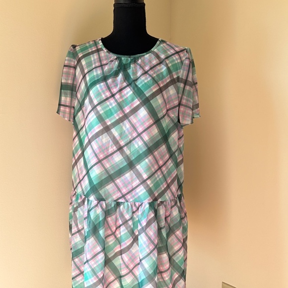 **ANN TAYLOR* Plus Green x Pink Plaid Short Sleeve Dress Size 14 - Picture 1 of 7